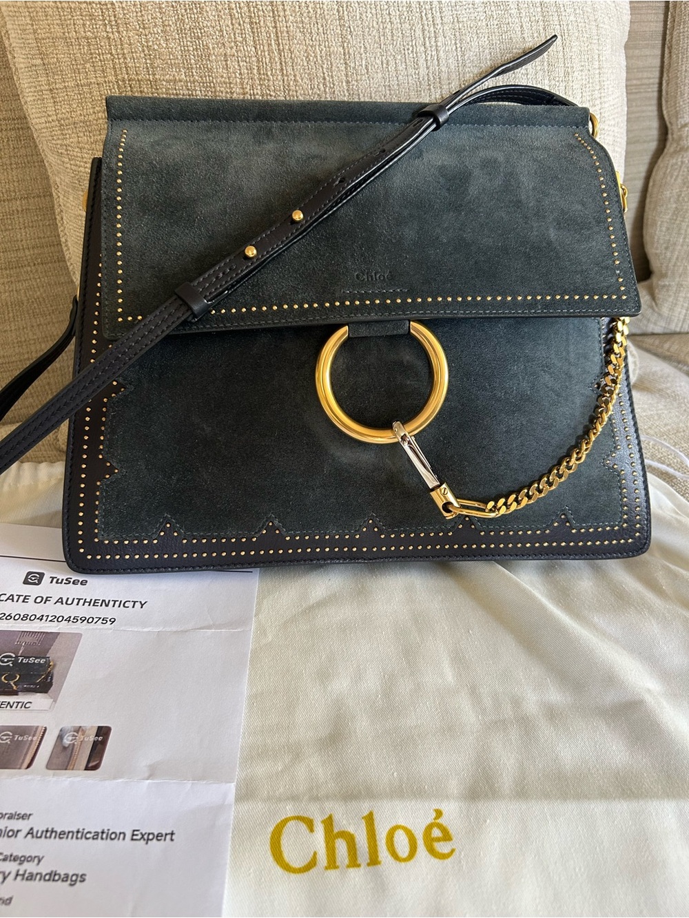 Chloé Navy Medium Studded Faye Suede Shoulder Bag with Gold Ring & Chain - Picture 11 of 16